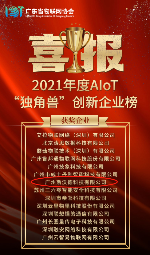 再摘殊榮！斯沃德科技獲“2021 AIoT獨角獸創(chuàng)新企業(yè)獎”